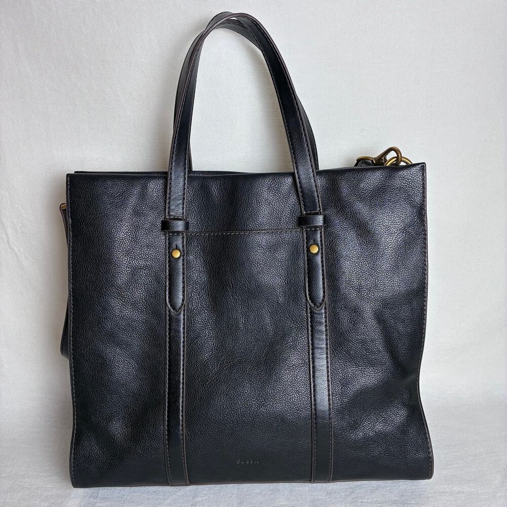 Fossil Black Leather Convertible Tote Shoulder Crossbody Bag Brass Hardware